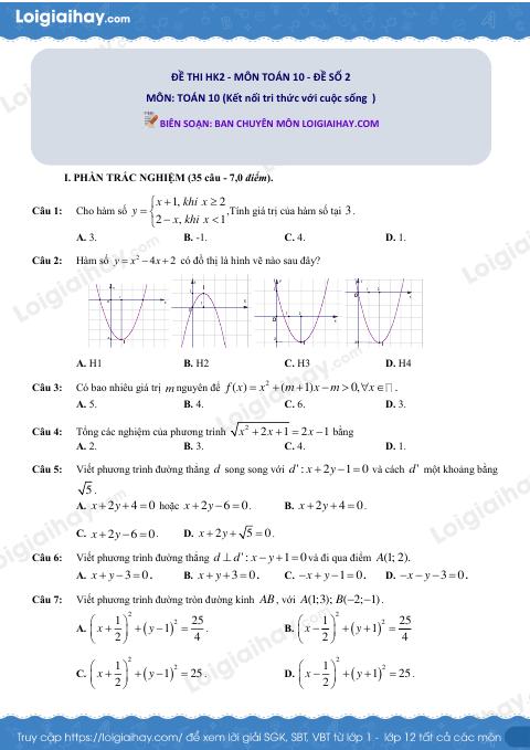 Đề kiểm tra học kì 2 Toán 10 - Đề số 2 - Kết nối tri thức